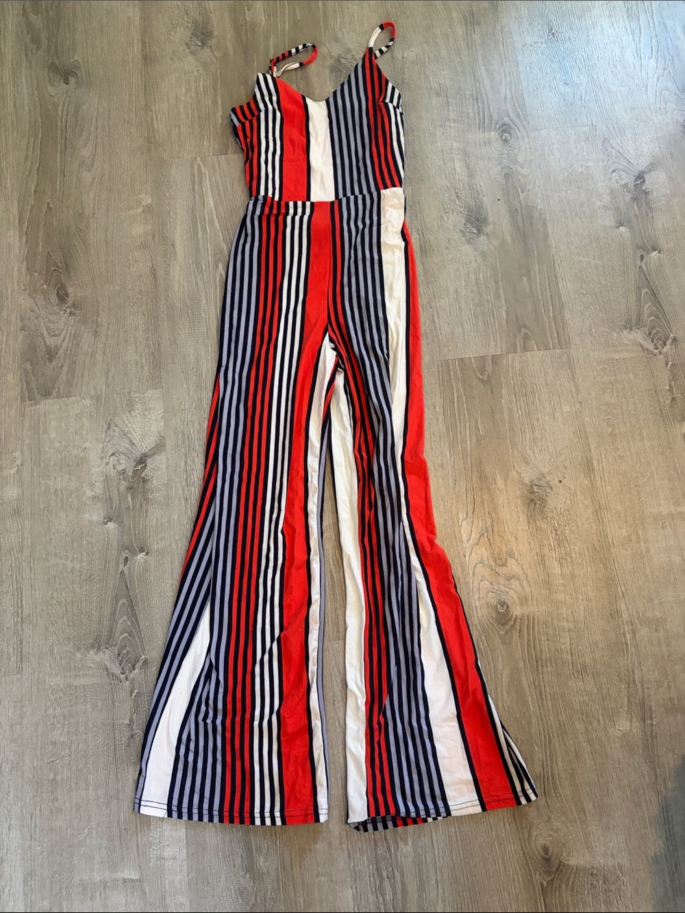 Striped Orange, White & Navy Wide-Leg Jumpsuit